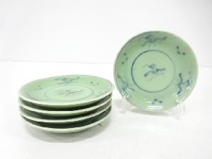 青磁　染付　人物　小皿　5客揃